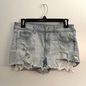 American Eagle Hi Rise Shortie Distressed Stretch Denim Shorts Eyelet‎ Po…